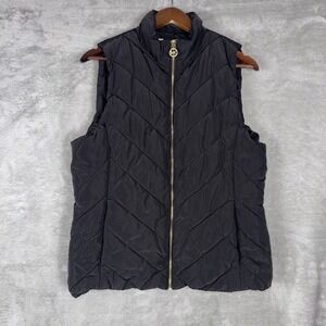 Michael Kors Chevron Quilted Vest Black Puffer‎ Gold Logo Zipper Size Large